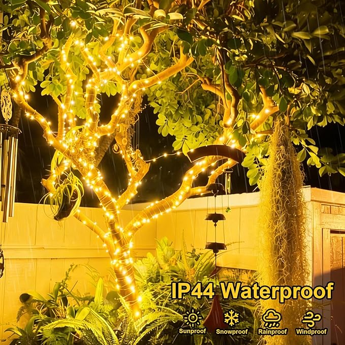 QITONG Solar Fairy Lights, 4 Pack Each 33ft 100 LED Warm White Christmas Light Outdoor Waterproof, 8 Modes Silver Wire Twinkle Mini Lights