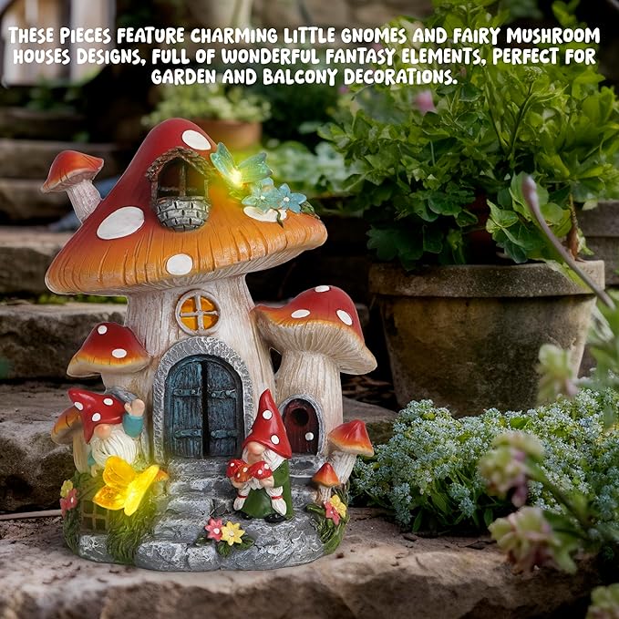 basen Solar Mushroom House Garden Statue Outdoor Decor, Resin Fairy Gnome House with LED Light, Solar Powered Whimsical Yard Art for Lawn Patio Porch Pathway, Weather Resistant