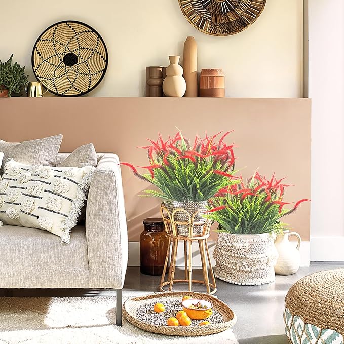 10 Bundles Artificial Plants Outdoor Fake Grass with Flowers UV Resistant Greenery Garden Porch Window Box Decorating (Red)