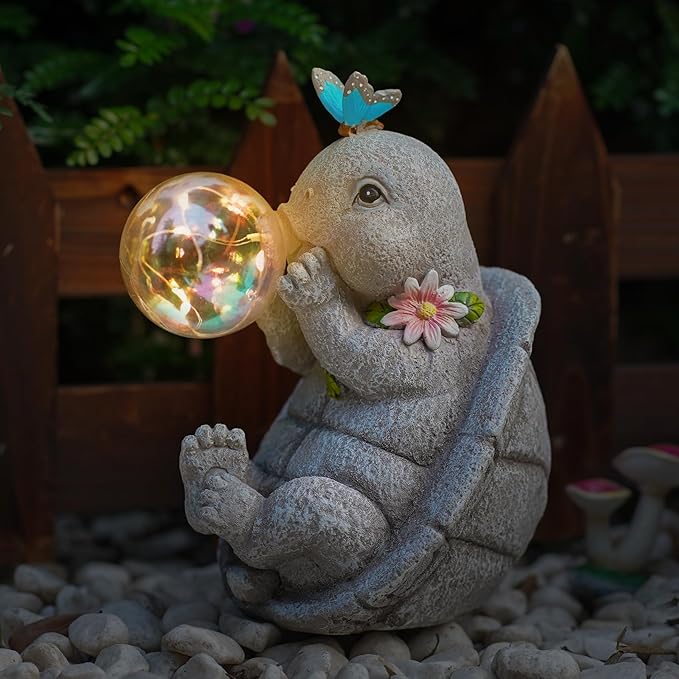 Solar Turtle Statues Garden Decor with Bubble LED Light, Outdoor Tortoise Statue for Patio, Lawn, Yard Gift for Mother's Day, Birthday, Housewarming