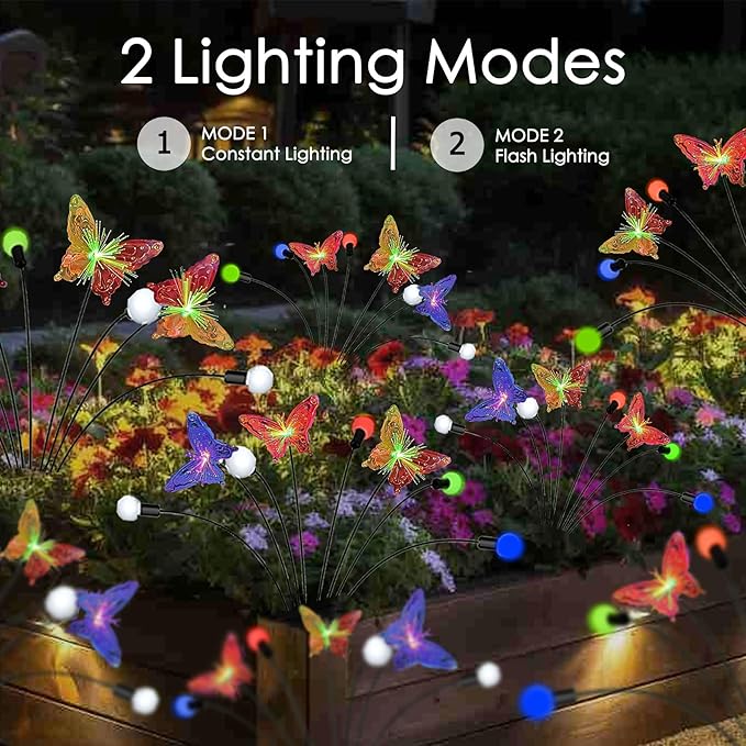 Solar Firefly Colorful Butterfly Garden Lights 2Pack Outdoor Waterproof for Pathway Landscape Camping Patio Lawn Decorations Multicolor