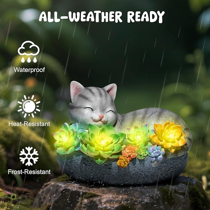 basen Solar Sleeping Cat Outdoor Garden Decor, Resin Cat Figurine with Colorful Succulent Flowers, Solar Powered LED Light, Waterproof Yard Lawn Patio Ornament, Cute Animal Gift for Home Garden