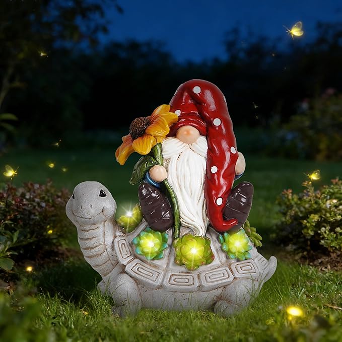 basen Solar Turtle Gnome Garden Statue Outdoor Decor, Resin Turtle with Gnome Figurine and LED Light, Solar Powered Yard Art for Lawn Patio Porch Pathway, Weather Resistant