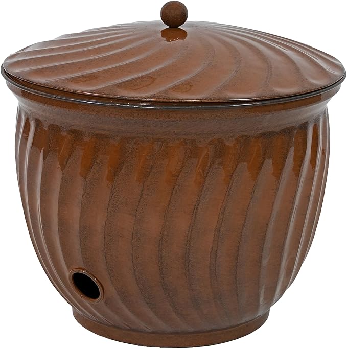 Sunnydaze Metal Garden Hose Holder Pot with Lid - UV-Resistant 145-Foot Garden Hose Pot Holder - Brown Glaze Finish