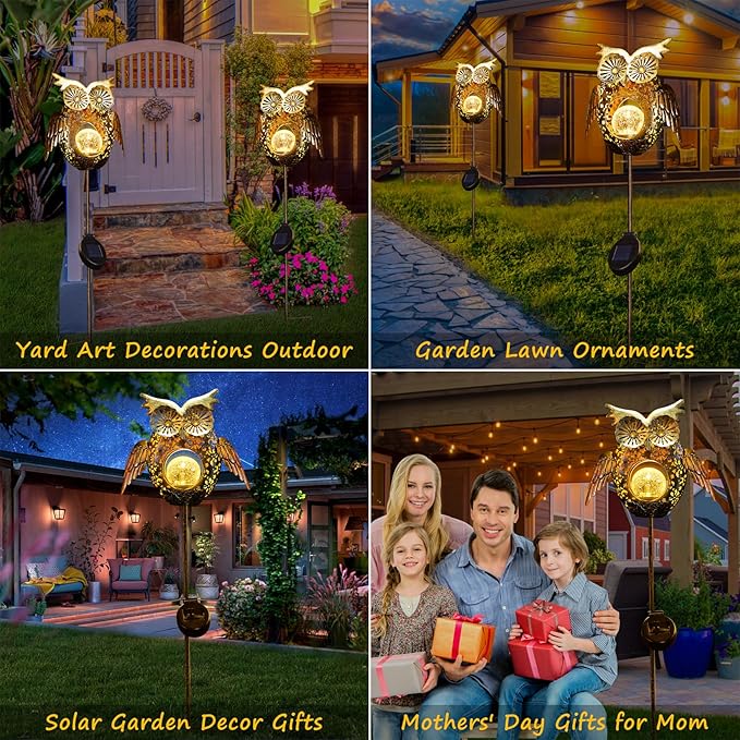 Go2garden Solar Lights Outdoor Owl Garden Gifts Mom Metal Stakes Lights for Lawn Ornaments, Yard Art, Pathway Decorations,Birthday Mothers' Day Gift for Grandma Wife (Bronze)