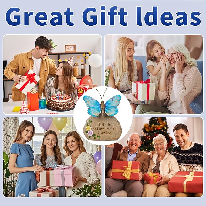 Solar LED Butterfly Garden Statue with Sparkling Light-Up Wings - Outdoor Yard Patio Decor Figurine, for Women Mom Grandma (Blue)