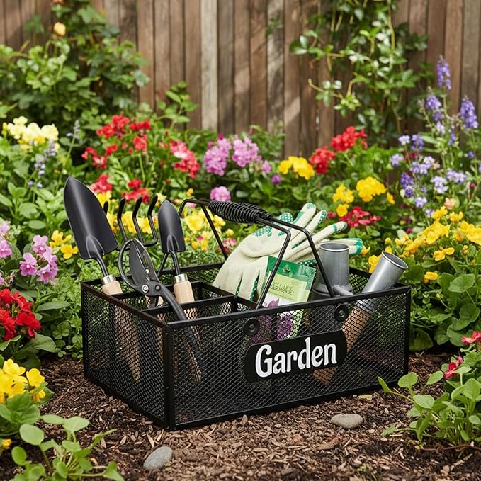 Xbopetda Garden Tool Storage, 4 Compartments Metal Mesh Garden Caddy, Portable Garden Basket with Handles, Gardening Tool Organizer for Indoor and Outdoor, Gardener Gift for Gardening Lovers, Black