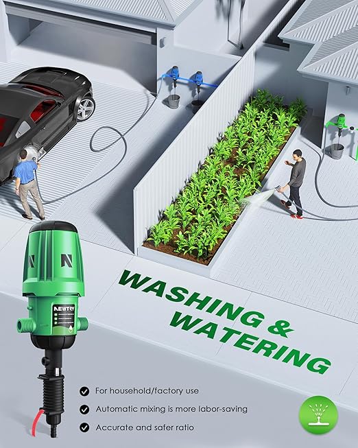 NEWTRY Fertilizer Injector for Drip Irrigation, 0.2%-2% Adjustable Dosing Pump, 3/4'' NPT Water Powered Liquid Doser for Garden, Greenhouse, Irrigation & Hydroponic System, Farm, Grow Tent Green