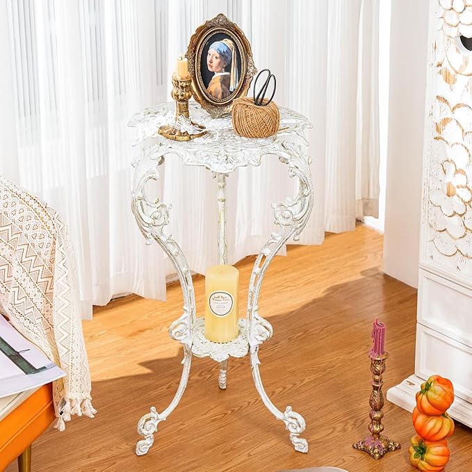 Sungmor Vintage Cast Iron Plant Stand - Ornate White Pedestal Table for Indoor Outdoor Garden, 27.5" Antique Metal Flower Pot Holder - Victorian Style Plant Display Stand, Patio, Porch, Balcony Décor