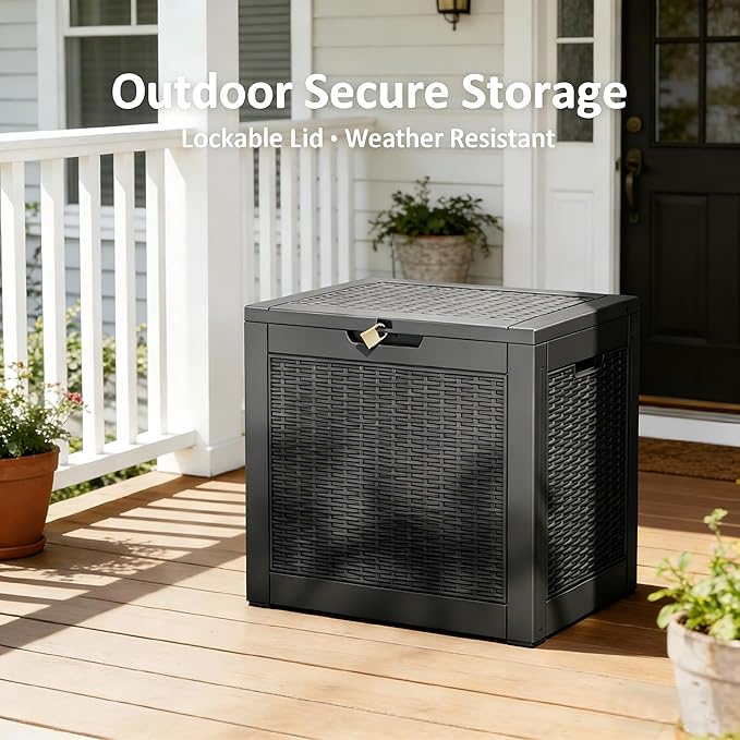 WTFGO 31 Gallon Outdoor Storage Deck Box Waterproof,Garden Tool,Backyard Cushion,Poolside Storage,Small Delivery Boxes for Outside,Lockable Lid,Rattan Black