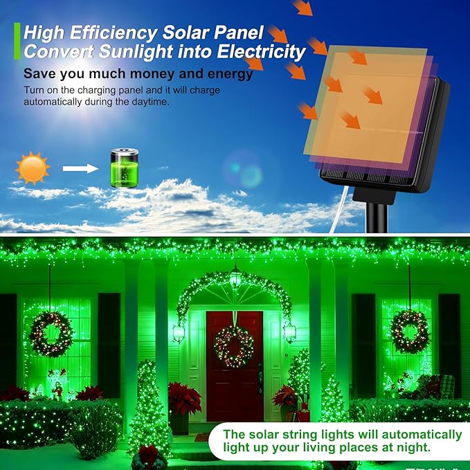 Brightever Solar String Lights, 2-Pack Total 80FT 200LED Solar Fairy Lights with 8 Lighting Modes, Solar Lights Outdoor Waterproof for Patio Christmas Wedding Party Tree Yard Decoration (Green)