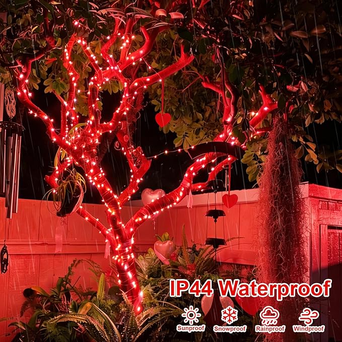 QITONG 4 Pack Solar Fairy Lights, Each 33ft 100 LED Red Christmas String Light Outdoor Waterproof, 8 Modes Silver Wire Twinkle Mini Lights