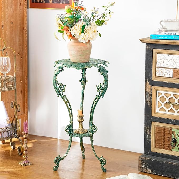 Sungmor Vintage Cast Iron Plant Stand - Ornate Green Pedestal Table for Indoor Outdoor Garden, 27.5" Antique Metal Flower Pot Holder, Victorian Style Plant Display Stand - Patio, Porch, Balcony Décor