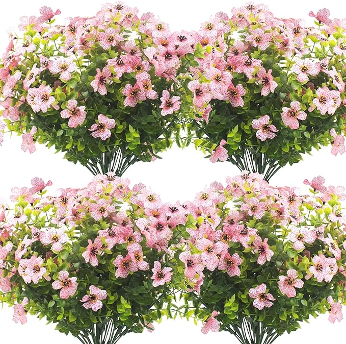 10 Bundles Artificial Flowers Outdoor UV Resistant Fake Flowers No Fade Faux Plants Garden Porch Window Box Decorating (Pink)