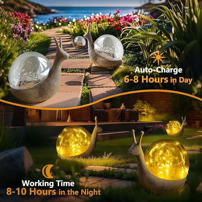 Solar Snail Garden Statues Light Outdoor Decor,9.84"×7.87" Resin Figurines with LED Globe Lamp Art Decorations for Outside Yard Lawn Patio Porch Balcony,Unique Gifts for Women Mom Grandma