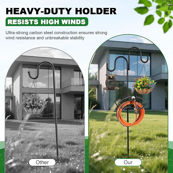 Double Shepherds Hooks for Outdoor, Upgraded Heavy Duty Bird Feeder Pole, Freestanding Hose Stand Adjustable Water Hose Holder with 5 Prongs Base, Thickened Garden Hooks for Outside Yard Lawn