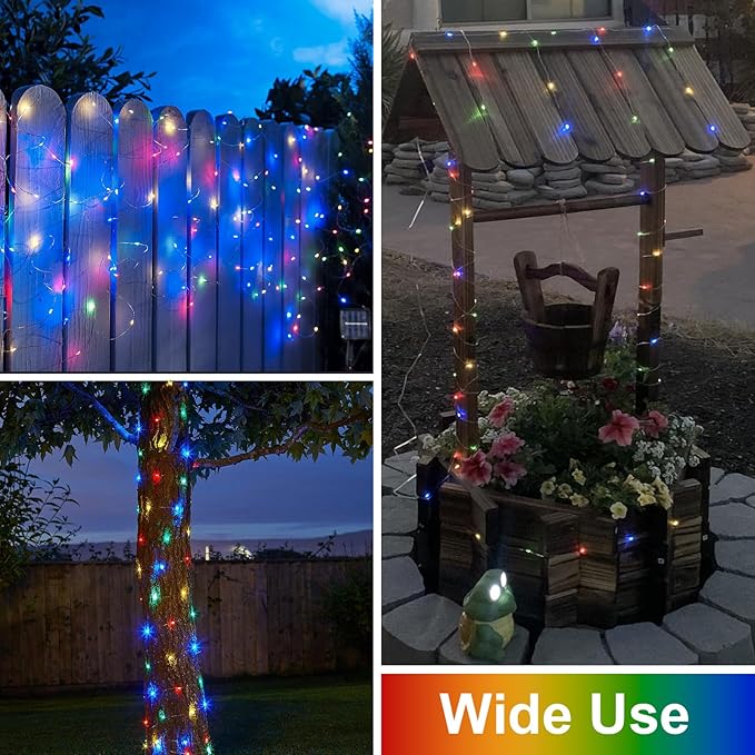 QITONG 4 Pack Solar Fairy Lights, Each 33ft 100 LED Multicolor Christmas String Light Outdoor Waterproof, 8 Modes Silver Wire Twinkle Mini Lights