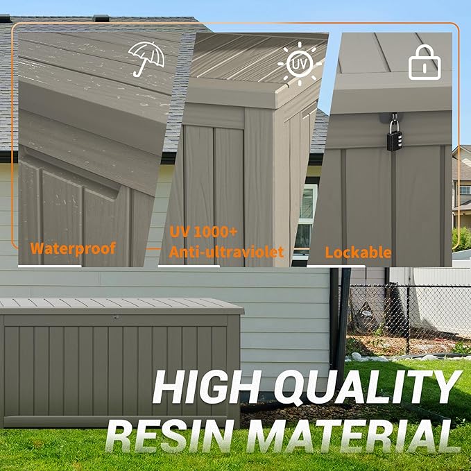 WTFGO 240 Gallon Large Resin deck box Waterproof,Outdoor Storage Bench,Patio Storage Box,Garden Tool Storage,UV-Resistant & All-Weather,Wood-like Striped Gray