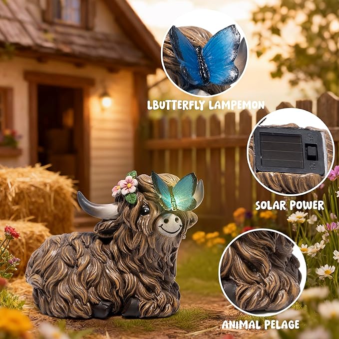 basen Solar Highland Cow Garden Statue with Lighted Butterfly, Resin Outdoor Yard Decor with Solar Panel, Waterproof Lawn Patio Ornament for Garden, Pathway, Backyard Decor Gift