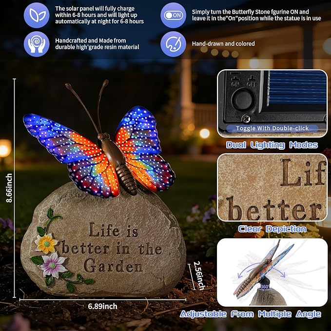 Solar LED Butterfly Garden Statue with Sparkling Light-Up Wings - Outdoor Yard Patio Decor Figurine, for Women Mom Grandma (Orange)