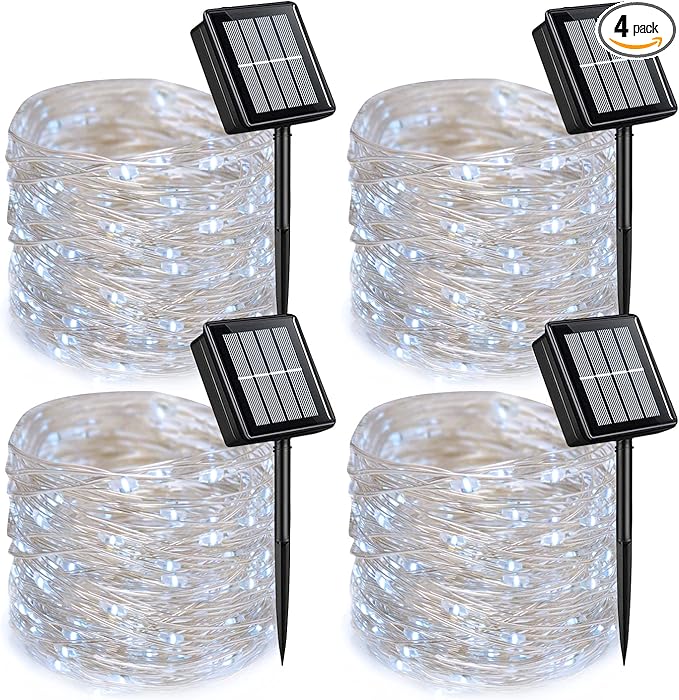 QITONG 4 Pack Solar Fairy Lights, Each 33ft 100 LED White Christmas String Light Outdoor Waterproof, 8 Modes Silver Wire Twinkle Mini Lights