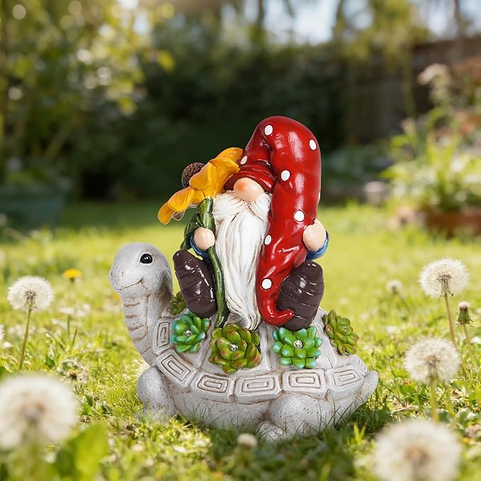 basen Solar Turtle Gnome Garden Statue Outdoor Decor, Resin Turtle with Gnome Figurine and LED Light, Solar Powered Yard Art for Lawn Patio Porch Pathway, Weather Resistant
