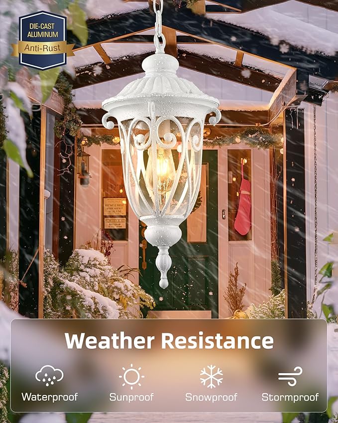 VIANIS Large Outdoor Pendant Light Lantern, White Modern Outdoor Chandelier, Handcrafted Hanging Outdoor Lights with Seed Glass, Outdoor Ceiling Lights for Porch, House, Doorway, Garden, Entryway