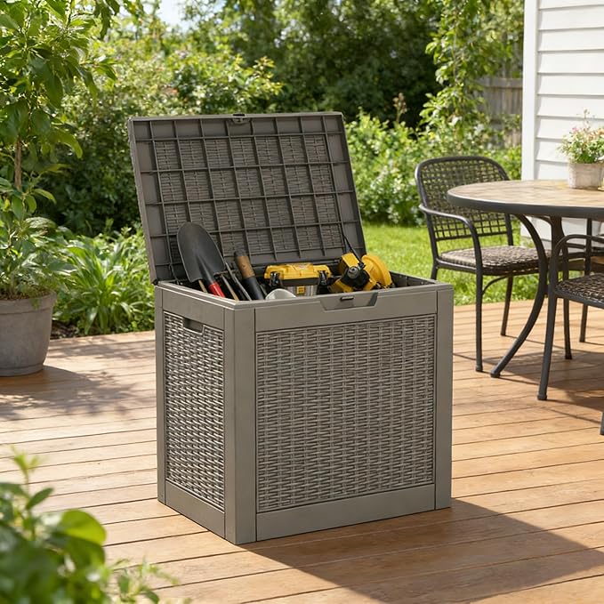 WTFGO 31 Gallon Outdoor Storage Deck Box Waterproof,Garden Tool,Backyard Cushion,Poolside Storage,Small Delivery Boxes for Outside,Lockable Lid,Rattan Grey