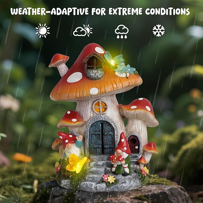basen Solar Mushroom House Garden Statue Outdoor Decor, Resin Fairy Gnome House with LED Light, Solar Powered Whimsical Yard Art for Lawn Patio Porch Pathway, Weather Resistant