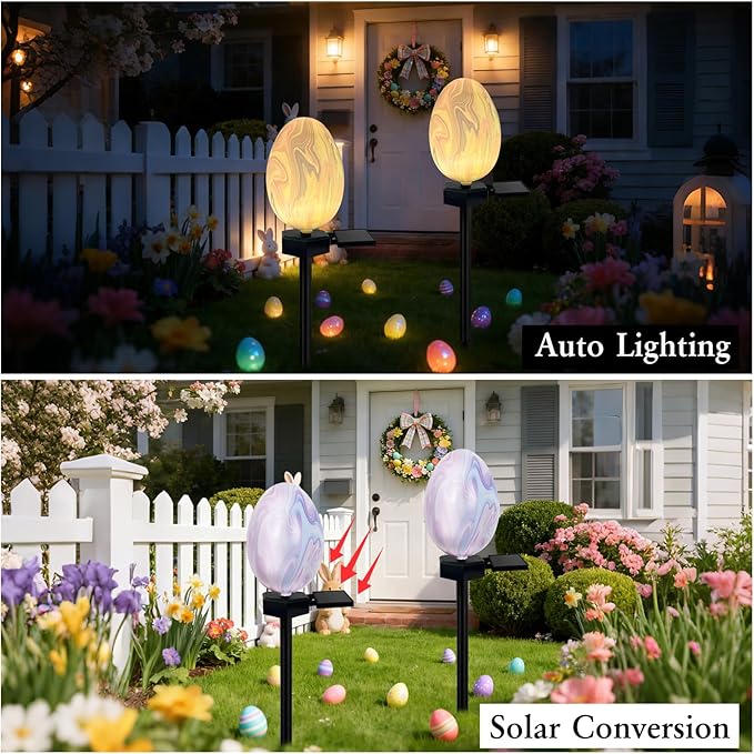 2 Pack Solar Easter Egg Lights Outdoor, Waterproof Solar Easter Yard Decorations Outdoor Easters Yard Stakes Lights for Outside Lawn Walkway Patio Cemetery Grave (Blending Colors)