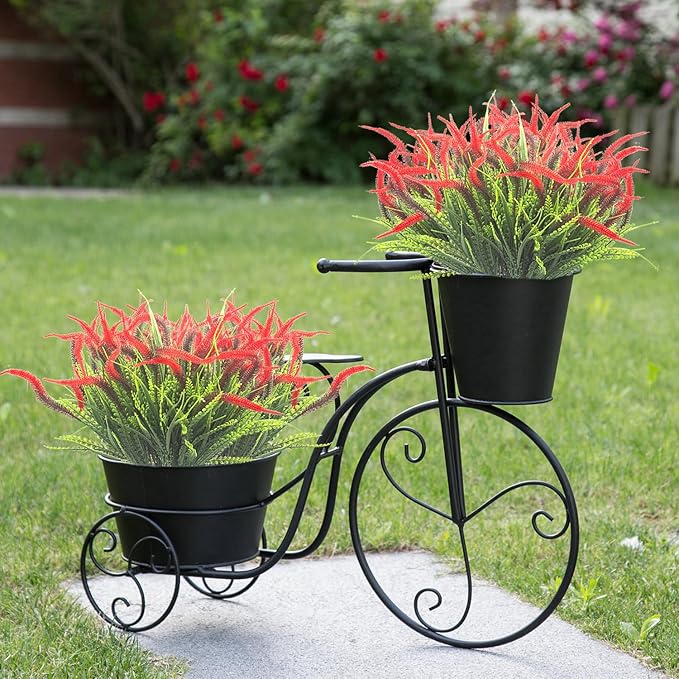 10 Bundles Artificial Plants Outdoor Fake Grass with Flowers UV Resistant Greenery Garden Porch Window Box Decorating (Red)