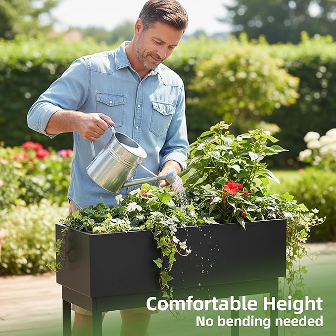 WORTH Raised Metal Planter Box with Legs, 28" Elevated Garden Bed for Indoor & Outdoor Use – Matte Black Galvanized Steel Planter with Inner Shelf, Drainage Hole & Plug for Vegetables, Flowers & Herbs