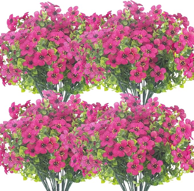 10 Bundles Artificial Flowers Outdoor UV Resistant Fake Flowers No Fade Faux Plants Garden Porch Window Box Decorating (Rose Red)