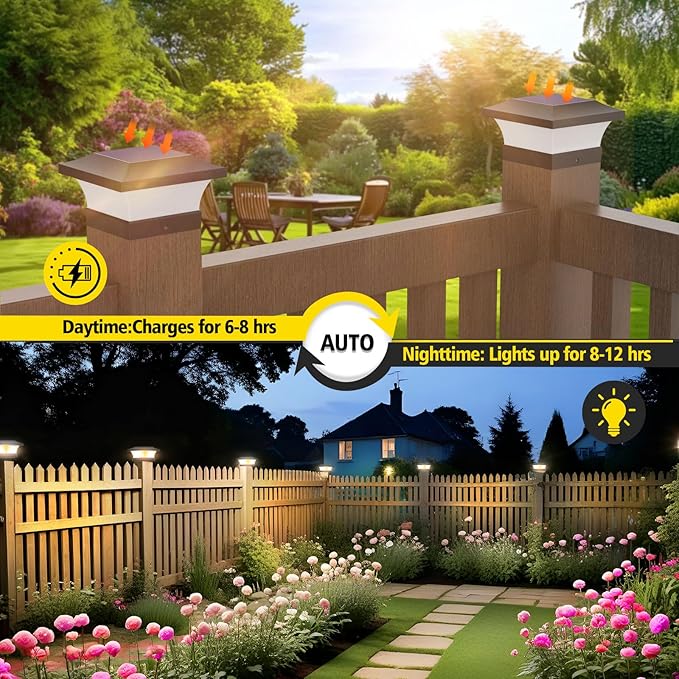T-SUN Solar Post Cap Lights, Outdoor Waterproof LED Lights for 4x4 Wooden Posts, Deck, Fence, Garden, Mailbox – Eco-Friendly, Made from Recycled Materials, Sustainable Solar Fence Post Light (12 Pack)