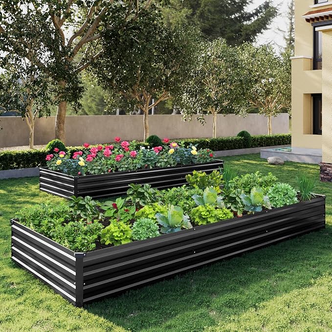ZUNUDA 10×3×1FT(2PCS) Galvanized Raised Garden Bed Kit, Metal Planter Boxes,Large Outdoor Planters Garden for Planting Vegetables,Flowers,Herbs -Black