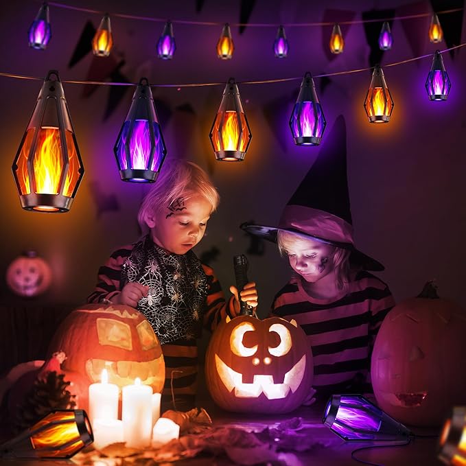 iBaycon Solar Halloween Lights, 27Ft 10 LED Bulbs Flickering Flame String Light, Outdoor Waterproof Solar Flame Lights for Garden Yard Patio Halloween Decorations (Warm White + Purple)