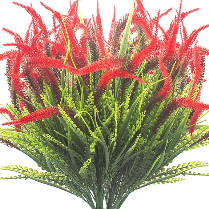 10 Bundles Artificial Plants Outdoor Fake Grass with Flowers UV Resistant Greenery Garden Porch Window Box Decorating (Red)