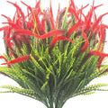 10 Bundles Artificial Plants Outdoor Fake Grass with Flowers UV Resistant Greenery Garden Porch Window Box Decorating (Red)