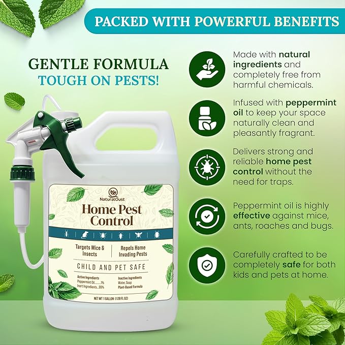 Peppermint Oil Rodent Repellent, Roach Ant Spider Bug Insect Killer, Eco Friendly Pest Control to Repel Mice, Humane Repeller Alternative to Mouse Trap, Family & Pet Safe (1 gal, Peppermint)