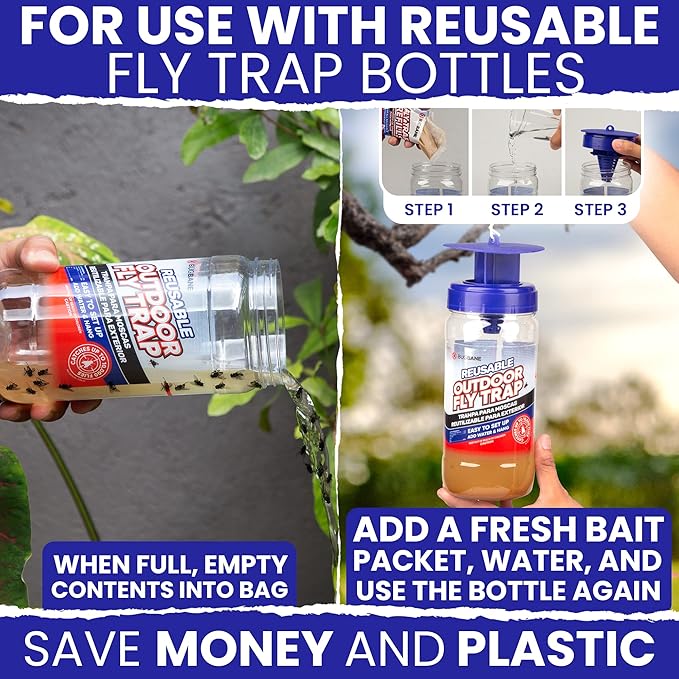 Fly Bait Fly Trap Refill Packets 3x1oz. Non Toxic Dissolvable Granules Work with All Reusable Flies Traps Outdoors Attractant. Flies Trap Bait Magnet Ranch Flytrap Outdoors. Cebo para Moscas