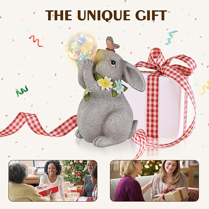 Solar Rabbit Statue Garden Decor Gift, Bunny Outdoor Decorations with Waterproof LED Light for Yard, Patio, Lawn & Garden, Ideal Gift for Birthday, Easter, and Housewarming Décor