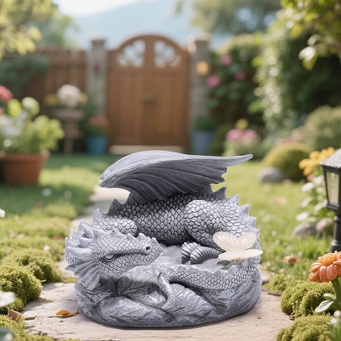 basen Solar Dragon Garden Statue Outdoor Decor, Resin Flying Dragon Figurine with LED Light, Solar Powered Fantasy Yard Art for Lawn Patio Porch Pathway, Weather Resistant