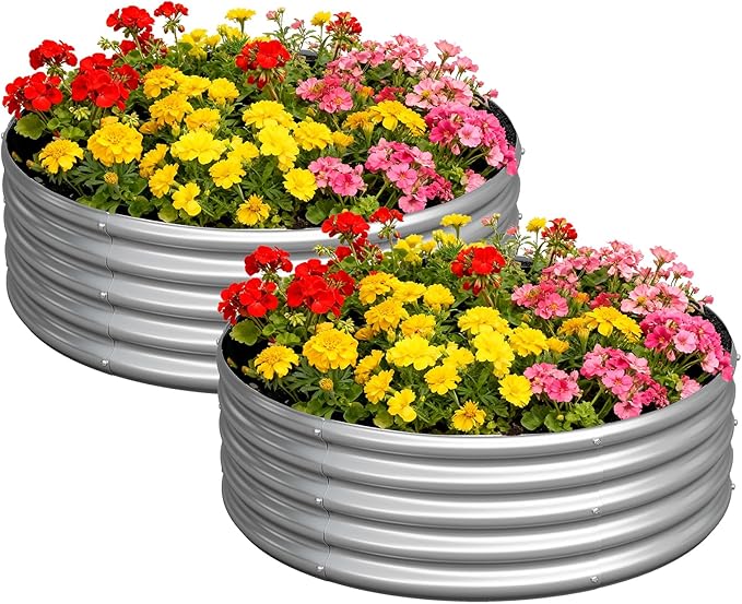 zizin 2 Pcs Round 2x2x1ft Raised Garden Bed Kit Metal Planter Box for Planting Vegetables, Silver