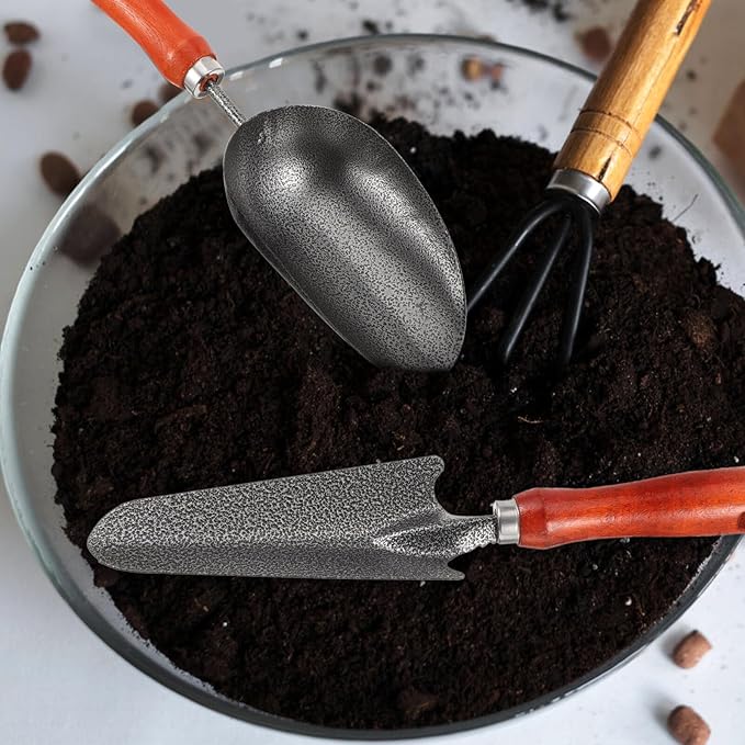 Housoutil 4pc Hand Garden Tools Set with Thick Painted Shovel, Rake, Narrow Trowel and Dual-Purpose Hoe, Sturdy Transplanting and Weeding Kit for Vegetable Gardens and Flower Pots