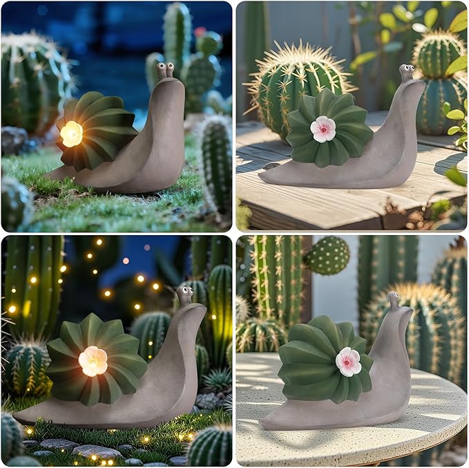 Solar Cactus Snail Statue Garden Decor Light - Outdoor Decorative LED Flower, Suitable for Patio, Lawnand Garden Decorations, Gifts for Mom