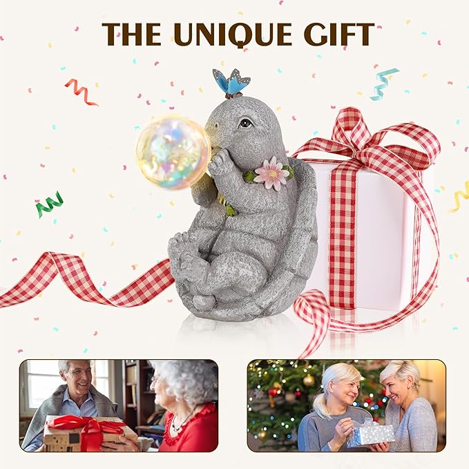 Solar Turtle Statues Garden Decor with Bubble LED Light, Outdoor Tortoise Statue for Patio, Lawn, Yard Gift for Mother's Day, Birthday, Housewarming