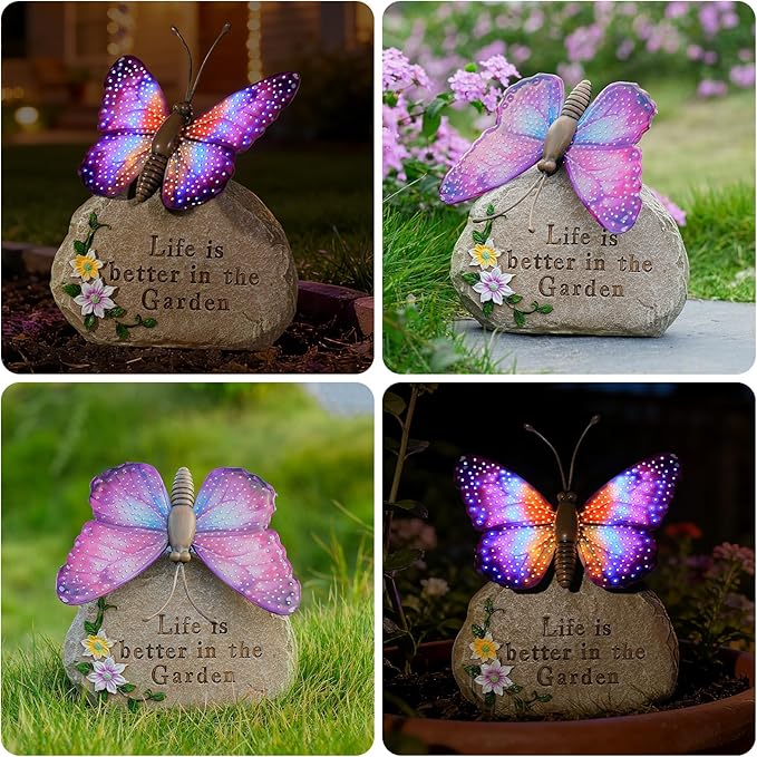 Solar LED Butterfly Garden Statue with Sparkling Light-Up Wings - Outdoor Yard Patio Decor Figurine, for Women Mom Grandma(Purple)