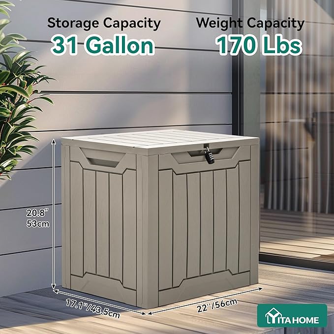 YITAHOME 31 Gallon Outdoor Storage Box, Resin Deck Box and Waterproof Package Delivery Box for Gardening Tools, Pool Supplies, Patio Furniture, Lockable, Taupe