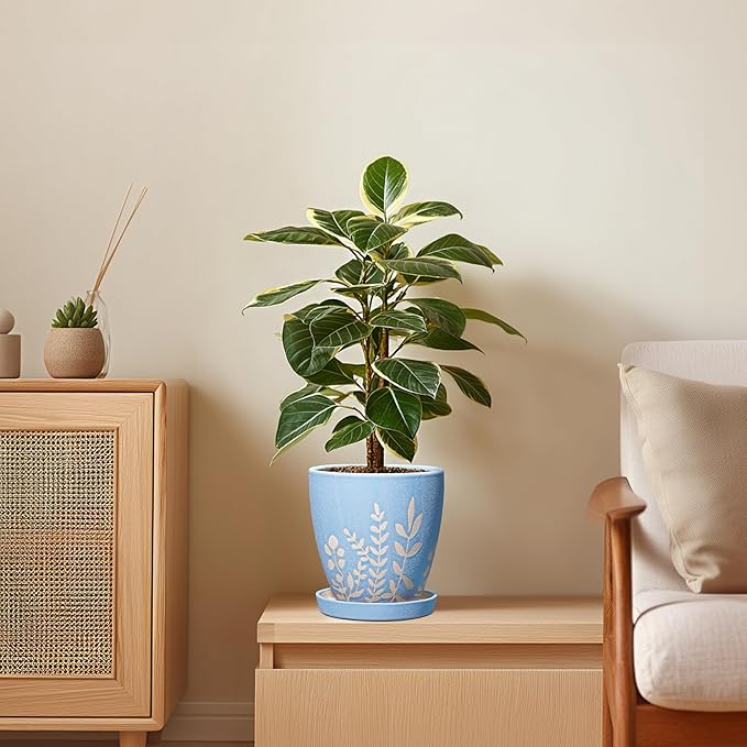 EPFamily 6 Inch Ceramic Plant Pot with Saucer - Small Flower Pot with Drainage for Succulents & Herbs, Boho Desk Home Office Room Decor, Plant Lovers Gifts, Blue