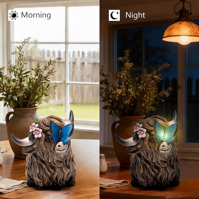 basen Solar Powered Highland Cow Statue for Garden, Resin Outdoor Decor with Illuminated Butterfly, Waterproof Lawn Yard Ornament with Auto On Off Light for Patio Backyard